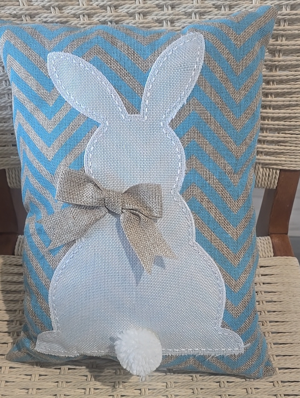 Kirklands Blue Chevron Pillow with White Bunny Applique